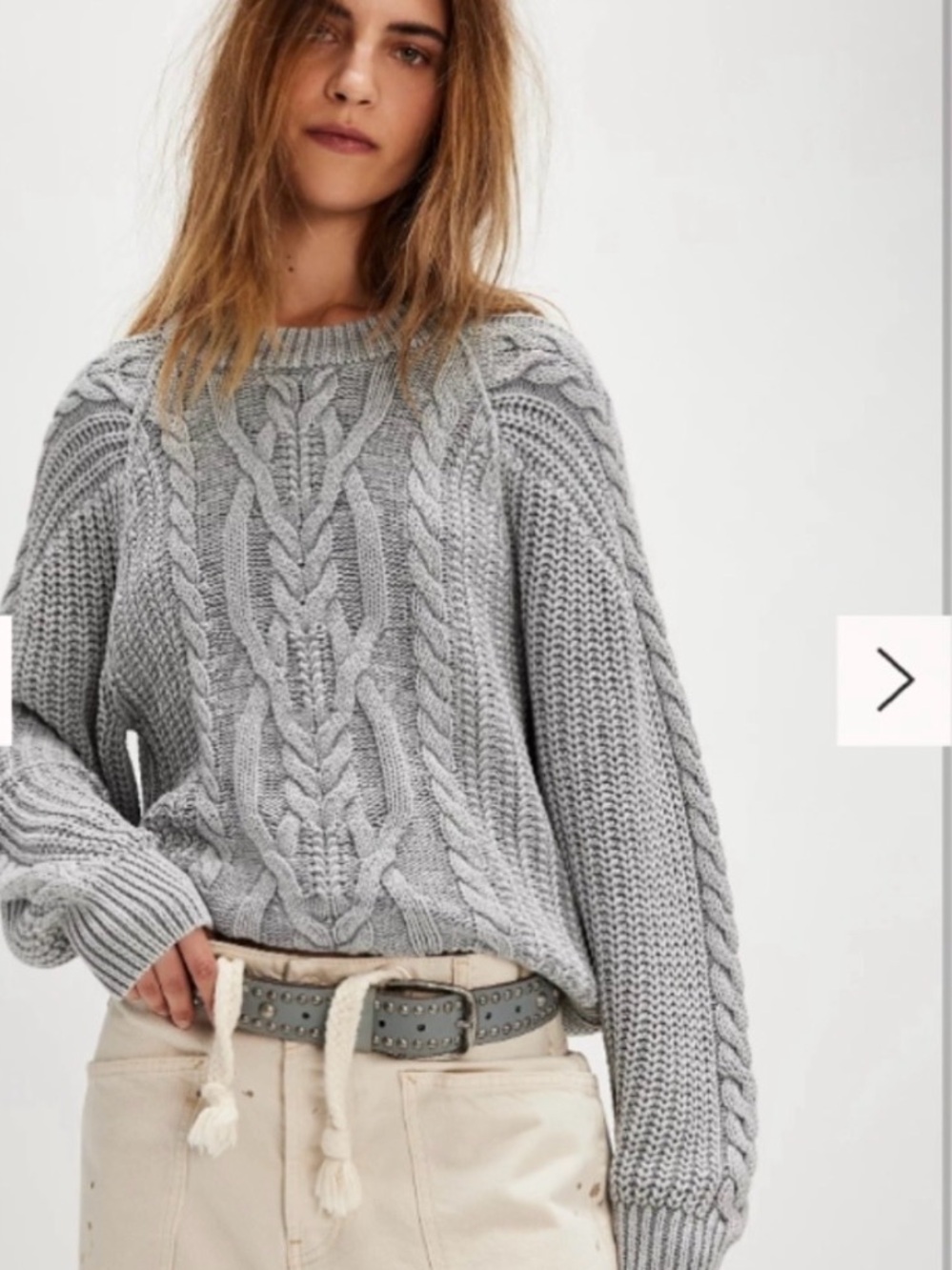 Free People Frankie Cable knit silver sconce Knit Balloon Sleeve Cotton Sweater